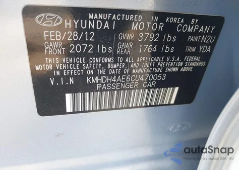 2012 Hyundai Elantra Gls/Limited z USA, uszkodzony, nr VIN KMHDH4AE6CU470053